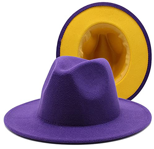 NOAMED Fengyan Mütze, modische Jazz-Kappe, Unisex, lila/gelb, Patchworkwolle, Fedora-Hüte, für Herren und Damen, breite Krempe, Panama-Party, Trilby-Kappe, Violett/Gelb, 59/61 cm