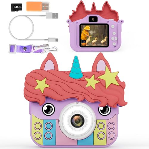 Adicop Kinderkamera Digitalkamera 1080P 2.0 Zoll Bildschirm Fotokamera Kinder Kamera Fotoapparat mit 64GB Karte für 3-10 Jahre Mädchen/Jungen Geschenk Spielzeug Geburtstags Weihnachten-Lila