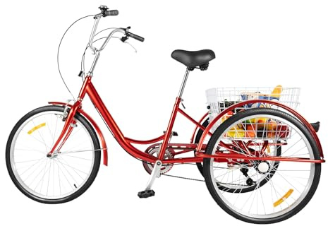 FUNYSF 24 Zoll Adult Tricycle 3 Rad Senior Bike 6 Speed Tricycle Senior Cruiser Adult Tricycle mit Korb und Licht (rot)