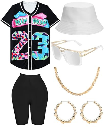 WILDPARTY 80er 90er Jahre Outfit für Damen, Unisex, Hip-Hop-Kostüm, Baseball-Trikot, Shirt, Yogahose, Fischerhut, Goldkette, Rapper-Zubehör
