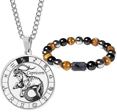 Caimeytie herren Sternzeichen Halskette und Armband Set- Sternbild halskette edelstahl-Münzanhänger-Elastisches Perlenarmband-Geburtstagsgeschenk Schmuck (Steinbock (Geburtsdatum:12/22-1/19))