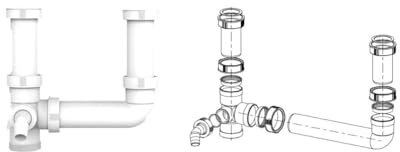 Conny Clever Siphon für Doppelspülen mit Anschluss an Spülmaschine oder Waschmaschine, Kunststoff, 20mm, Kupplung, Metrisch Kegelig