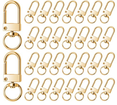 JJUNW 30 Stück Schlüsselanhänger Karabiner, Karabinerhaken mit Drehgelenk, Karabinerverschlüsse mit D-Ring 360° drehbarem Schlüsselringe Edelstahl für DIY Keychain Schlüsselring Stecker (Gold)
