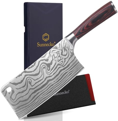 Sunnecko 7” Cleaver Knife Stays Sharp Longer – Multipurpose Meat Cleaver Knife High Carbon Steel – Powerful Chinese Cleaver Butcher Knife with Sheath & Gift Box for Meat Cutting and Vegetable Slicing