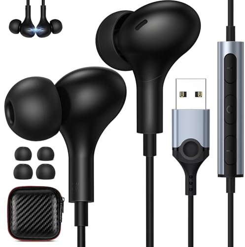 Cuffie In-Ear con Microfono, USB Auricolari PC con Filo 2,3 m, con Pulsante di Muto, Controllo del Volume, Cuffie Magnetiche Stereo HiFi, Compatto e Portatile, Ideale per Videoconferenze, Skype, Zoom