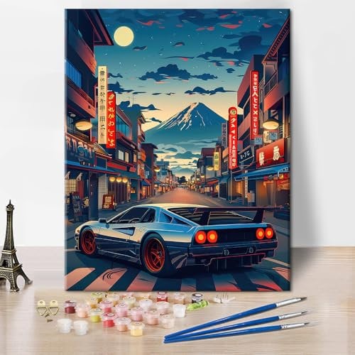 TISHIRON Auto Malen nach Zahlen für Erwachsene Anfänger, DIY Anime Auto in der Stadt Erwachsene Malen nach Zahlen Kits auf Leinwand Acrylmalerei Zeichnung mit Pinseln Ölgemälde 16x20 Zoll
