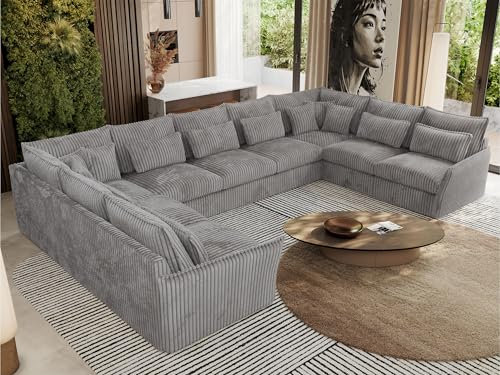 MKS MEBLE Sofa U-Form, Wohnlandschaft, Couch, Ecksofa, Couchgranitur, Polsterecke, Big Sofa XXL, Polstergarnitur - Verso U 9M - Hellgrau Cord
