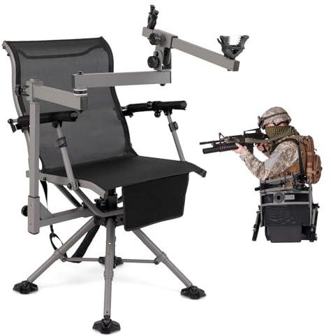 GOPLUS Silla de Caza Giratoria 360° con Soporte de Rifle Ajustable | Silla Ergonómica Portátil con Reposabrazos y Altura Regulables, Respaldo y Tela Transpirable para Caza, Pesca y Camping