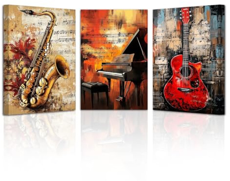 LZIMU Vintage Music Wall Art Music Studio Wall Decor Framed 3 Pieces Guitar Piano Saxophone Pictures Jazz Canvas Prints Musical Instruments Painting (11x14inchx3 Pieces)