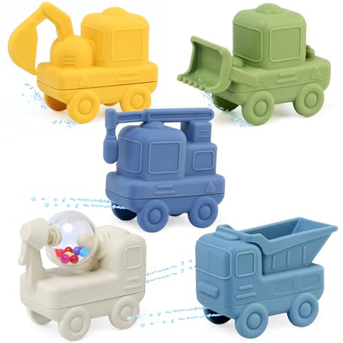 JoyLife Juego de 5 juguetes de baño de autos, juguetes de bañera sin moho, de silicona, exprimibles, juguetes de baño para bebés y niños pequeños, juguetes sensoriales flotantes para piscina para