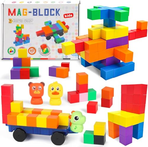 LONEEDY 60-Pack Magnetic Building Block Set with Animal Figures & Magnetic Cart - Magnet Constructions Cubes Educational STEM Toy for Kids 3-8 Years (Color Mixing-60PCS)