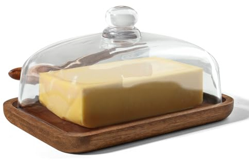 Guolich Beurrier avec couvercle et couteau, beurrier carré à la française, cloche à beurre pour 250 g de beurre, beurrier en bois d'acacia et en verre (18*12*8.3 cm)