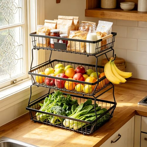 VANZBON 3 Tier Fruit Basket with 2 Banana Hangers for Kitchen Counter, | 3 Tier Fruit Bowls,Stackable,Detachable,Large Capacity,Easy Assembly,Vegetable,Onion,Potato Storage&Organization