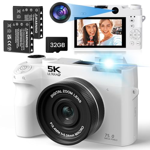 SOPPY 5K Digital Camera,75MP Upgraded Selfie Camera with WiFi Function for Youtube, 16X Digital Zoom Compact Digital Camera with 32GB Card, 2 Batteries, Compact for Kids, Teens & Beginners, White