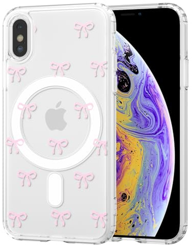 TVVTPU Magnetica Cover per iPhone X/XS Compatibile con MagSafe, Custodia Trasparente con Motivo a Fiocchi Silicone TPU Bumper Protezione Antiurto Antigraffio Case, Rosa