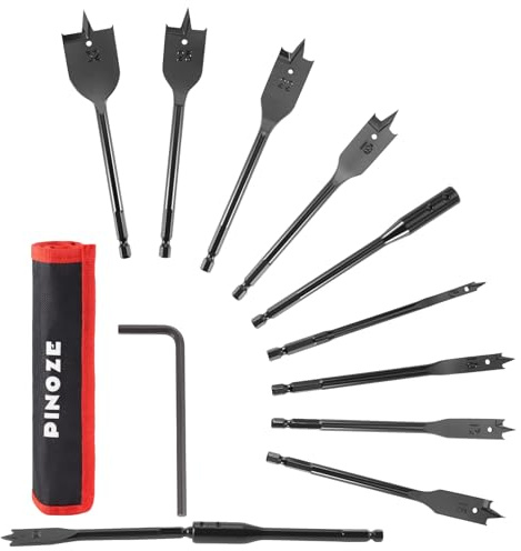 PINOZE 9-Piece Spade Drill Bit Sets with 15.2 cm Extension, Paddle Flat Bit for Hole Cutter Woodworking, 6 to 32 mm, Quick Change 1/4 inch Hex Shank, Nylon Storage Pouch Included
