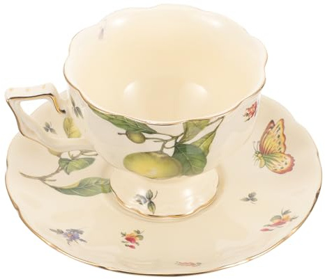 SWETRACE Set di Tazze da Latte in Ceramica con Piattino, Design Vintage con Motivo Farfalle e Fiori, Bocca Larga per Tè Pomeridiano Francese e Inglese, Tazze Robuste e Resistenti per Uso