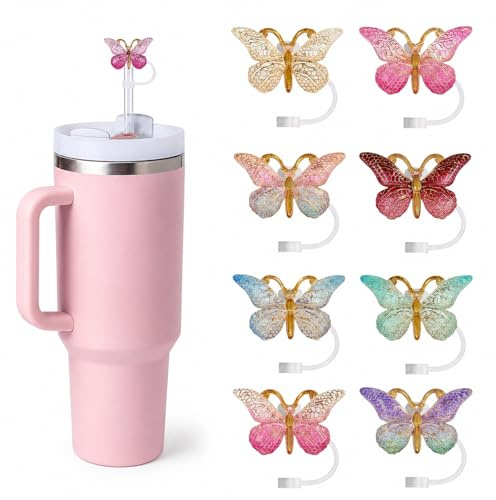 8 Stück Strohhalm Abdeckung, Schmetterling Strohhalm Deckel mit Farbverlauf, Staubschutz-Zubehör passend für Stanley Cup, wiederverwendbare Verschlüsse für Tumbler und Becher