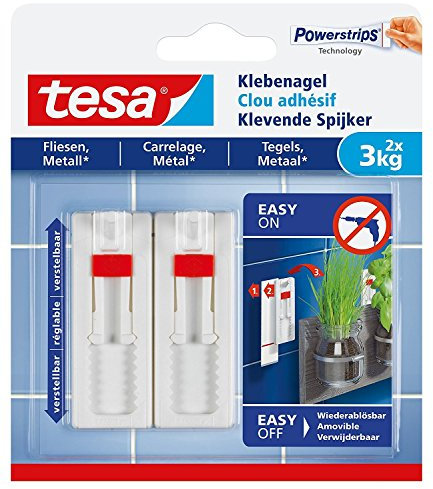 Tesa Spar-Set 3x: 77764 Klebenagel verstellbar, Fliesen, 2x3Kg, Blister WEISS