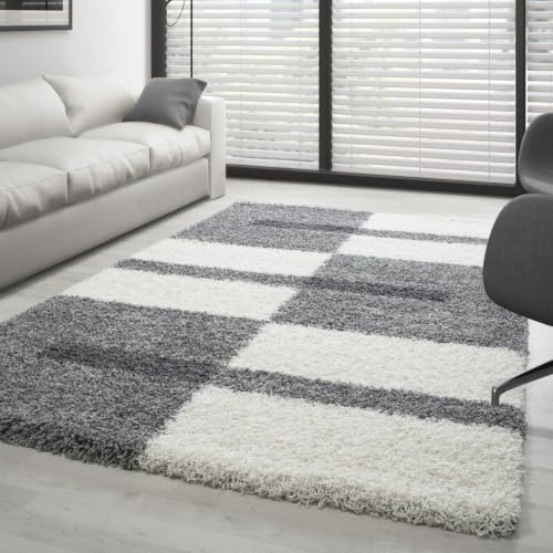 Carpettex Hochflor Teppich - Wohnzimmer Shaggy Flokati Modern Kariert Design 80 x 150 cm - Flur Läufer Hellgrau - Bettvorleger Schlafzimmer Weich Flauschig Waschbar Küchenläufer