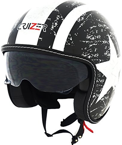 CRUIZER Casco Moto Jet Custom Scooter Omologato Visiera Sole Scomparsa Nero