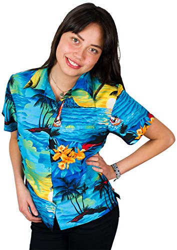 King Kameha Funky-Hawaii-Bluse-Hemd, Damen, Kurzarm, Surf, Türkis, XXL