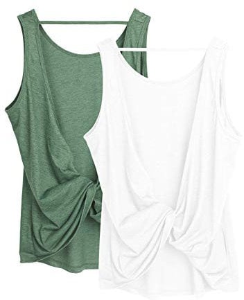 icyzone Damen Sport Tank Top Rückenfrei, Fitness Yoga Shirt Ärmellose Gym Sport Oberteil, 2er Pack (L, White*/Green*)