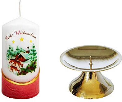 Meissner-Handel Auswahl Motiv, Weihnachtskerze 'Frohe Weihnachten' ca. 6 x 12 cm, farbig getaucht, mit farbigen Wachs- und Bildauflagen, inkl. Messingständer (Motiv 035)