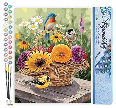 Figured'Art Peinture par Numéro Adulte Fleurs dans un Panier et Oiseaux - Activité Manuelle Kit de Loisir Créatif DIY Numéro d'Art Complet - 40x50cm sans châssis en bois