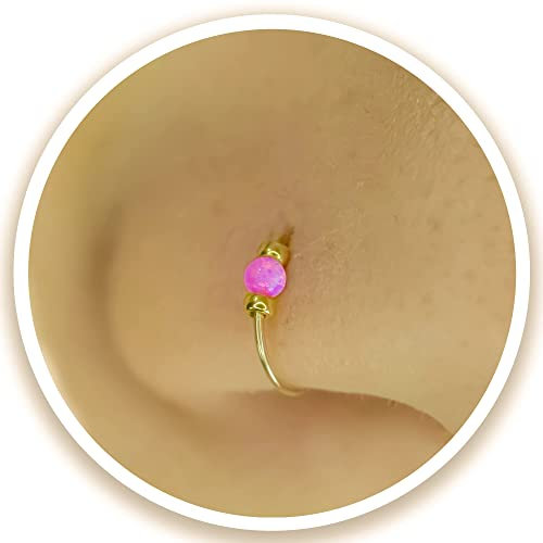 Goldener Nasenring - dünn 24G 7mm Ring 2mm Rosa Opal - Gold gefüllt Piercing Schmuck (Rosa)