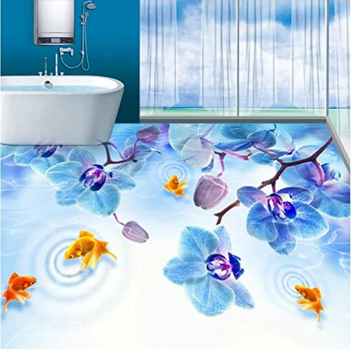 Pvc-Bodenbelag-Rolle Pvc-Selbstklebende Benutzerdefinierte Große Tapete Fresko Boden Schöne Blaue Schmetterling Orchideen Gold Wasser Whirlpool Badezimmer 3D Bodenfliesen, 350 X 245 Cm 3D Wandtatt