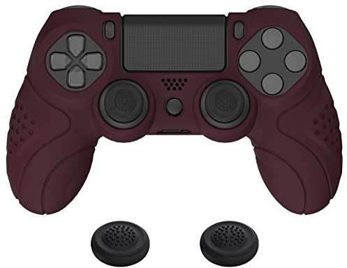 PlayVital Hülle für ps4 Controller,Anti-Rutsche Schutzhülle Case Zubehör Hülle ergonomische Silikonhülle,2 Stück Joystick Caps für ps4 Slim Pro Controller(Guardian Edition,Weinrot)