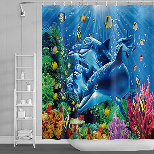 SDOTPMT 122x183cm Balena Tenda da doccia Colorata Tropicale con Pesci, Alga marina, Corallo e Scogliera Sott'acqua - Paesaggio marino - Tenda da bagno Blu Oceano - Poliestere con ganci