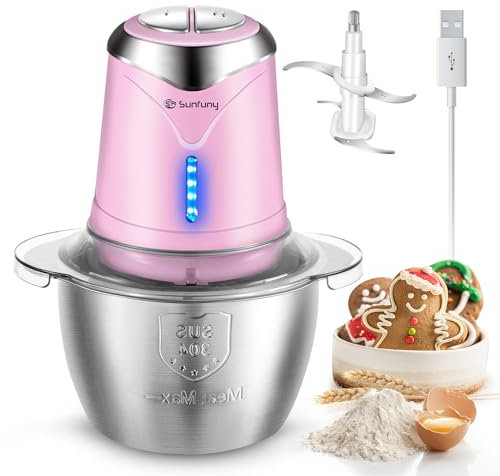 Food Processor Cordless Meat Garlic Chopper with 5 Cup Stainless Steel Bowl, 6000mAh USB Rechargeable Electric Vegetable Chopper BPA-free Baby Food Processor Blender Mini Kitchen Mixer, 4 Blades(Pink)