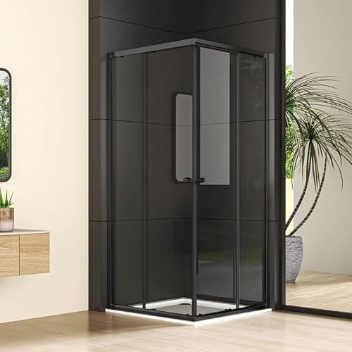 Eckeinstieg Duschkabine 80x90x185 cm Doppel Schiebetür Duschabtrennung 6mm ESG Glas Mattes Schwarz Duschwand Sicherheitsglas, Duschtür Höhe 185cm