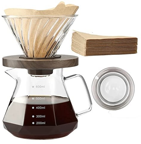 Lalord Pour Over Kaffeebereiter, 600 ml Borosilikat Glaskanne Set mit 02 Papierfilter 100 Blätter, Walnusshenkel, Für Zuhause, Café, Restaurant und Camping, 20 unze, 1 bis 3 Tassen