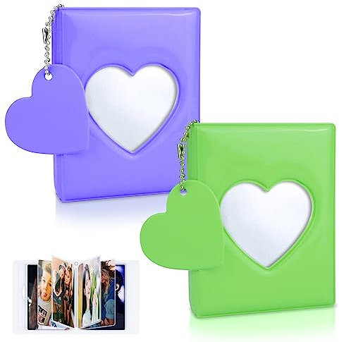 CIOUYAOS 2 Albums Photo Kpop, 64 Pochette Mini Carte Classeur de 3 Pouces Avec cœur Porte Clé, Petit Photocard Holder pour Collectionner Photos Card (Pourpre et vert)