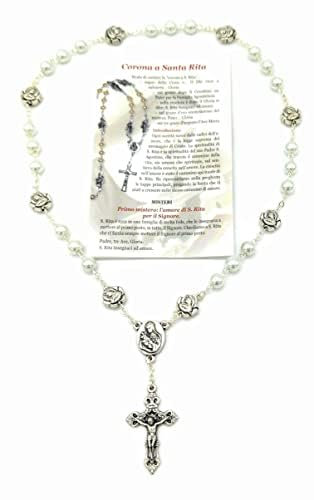 OVUNQUE PROTEGGIMI Rosenkranz der Heiligen Rita da Cascia aus Kunstperle 32 cm (12,59 Zoll) und Gebet. Krone der Heiligen Rita. Rosary Chaplet of Saint Rita (Pater mit Rose und Gesicht von Santa Rita)