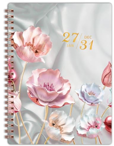 Monatsplaner 2026-2031, 5-Jahresplaner/Kalender, 5-Jahresplaner 2026-2031, Spiralbindung, Juli 2026 - Juni 2031, 16,3 x 21,6 cm, Planer mit Reitern, 60-Monatskalender, zweiseitige Tasche, rosa Blume