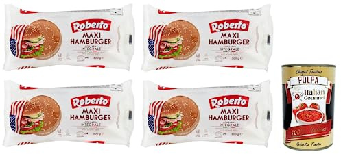 Italian Gourmet Maxi Hamburger Integrale pane Buns Vollkorn Sesam 4 x 300g | Brötchen soffici già tagliati, mit Körnern, ideal für burger imbottiti, Gesamtnettogewicht 1,2 kg + Kostenlos Polpa 400g