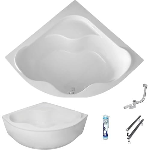 ECOLAM Baignoire d'angle SELMA 140x140cm + tablier en acrylique | pieds siphon et silicone | Belle forme | Baignoire acrylique blanc