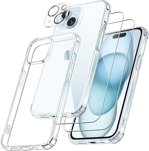 FLLAO 4 in 1 Handyhülle Kompatibel für iPhone 15 Hülle mit 2 Stück Schutzfolie und 1 Stück Kameraschutz, Weiches TPU Silikon Stoßfest Schutzhülle Case für iPhone 15 6,1 Zoll, Transparent