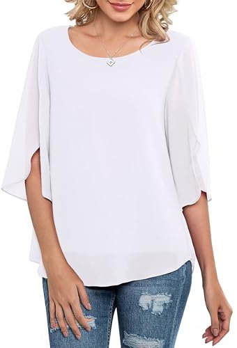 Neineiwu Women's Chiffon Blouse Tops Elegant Casual Loose 3/4 Split Sleeve Crew Neck Blouse Shirts,White,M