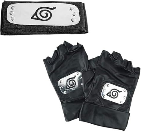 Kraja Ninja Set Handschuhe Kakashi + Bandana Stirnbedeckung Leichtes Kopfband, Konoha mit Wappen Naru Kakashi Konohagakure, Cosplay Akessorium Kakashi (Handschuhe Kakashi Set Bandana)