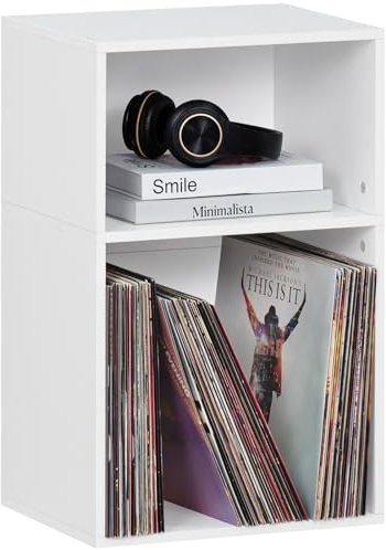 YAHARBO 2 Cube Bookshelf, White Record Player Stand with Vinyl Storage Up to 100 Albums, Horizontal Low Book Shelf, Mini Bookcase with Storage Organizer, Small Turntable Stand for Living Room, Bedroom