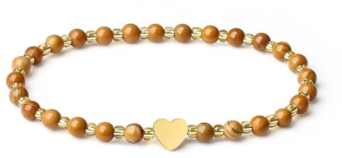 MetJakt 4mm Mini Edelstein Energiearmbänder mit herzförmigem Metallakzent - Natürliches Edelstein handgemachtes Kristallperlenkraft-Stretch-Armband (Holziger Jaspis)