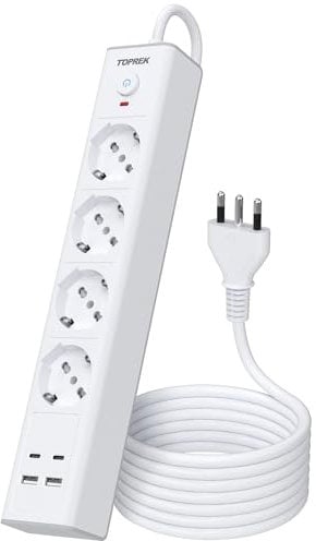 TOPREK Ciabatta Multipresa Elettrica con 4 Prese Universali ITA 10/16A e Schuko e 2 USB C e 2 USB A, 4000W/16A Spina Italiana, Multipresa con Interruttore, 2M Cavo(Dotato di 2 Fascette Plastica)