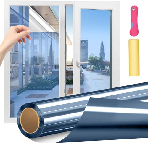 Rigidstone Vinilo para Ventanas Efecto Espejo Cristal Unidireccional, Vinilo Película Adhesiva Protector de Privacidad Anti 99% UV para Hogar, Oficina Azul (40 * 400cm)