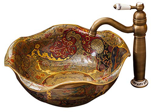 TEmkin Nostalgische Aufsatzwaschbecken, Home Keramik Waschbecken Aufsatzwaschbecken Pop-Up-Ablauf ohne Überlauf für Waschtischunterschrank, Golden,A, Waschbecken + Wasserhahn-Set