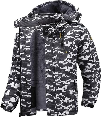 Tansozer Herren Wind- und Wasserdichte Winterjacke Warme Skijacke Gefütterte Outdoorjacke mit Abnehmbarer Kapuze (Camouflage Schwarz, XL)